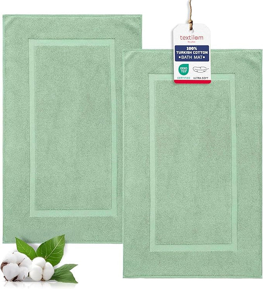 TEXTILOM Luxury 2 Pack Banded Cotton Bath Mats for Bathroom Floor [ Hotel, Spa, Tub, Shower Bath Mat Floor Towel Set ], Machine Washable & Soft & Absorbent & Quick Dry (20''x34'')- Green