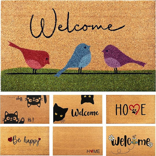 Colorful Birds - 17"x29" - Coir Door Mat with Heavy Duty Backing - Welcome Mats for Entryway, Porch - Anti-Slip PVC & Coconut Fiber Surface - Natural Home Accessories, Minimalist Original Design