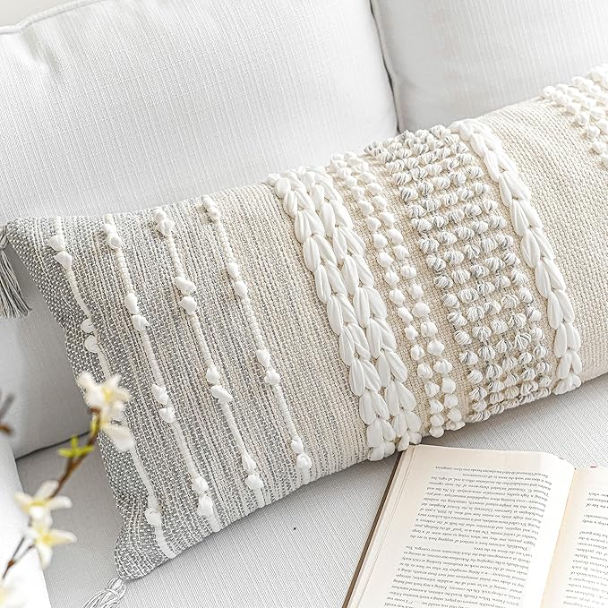 BlissBlush Gray Decorative Lumbar Pillow Cover 14x36, Boho Long Throw Pillow for Bed, Accent Lumbar Throw Pillow Case, Modern Farmhouse Textured Lumbar Cushion (Cover ONLY)