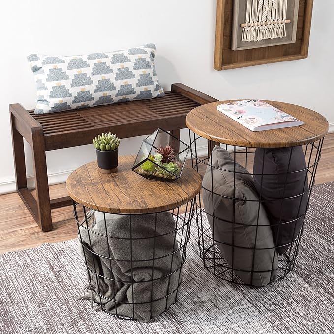 Lavish Home End Tables Set of 2 - Nesting Tables with Removable Wood Tops and Metal Basket Bases for Blanket Storage - Round Side Pieces for Living Room, Bedroom, or Home Office (Brown/Black)