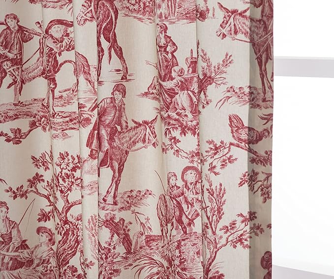 Maison d' Hermine Curtains for Living Room 100% Cotton 108 inch Length One Panel Light Filtering Toile Curtains for Bedroom Windows with Rod and Loop Pockets Drapes (The Miller Red, 50" W x 108" L)