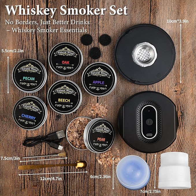 Rechargeable Cocktail Smoker Kit with Wood Chips, Electric Whiskey Smoker with Built-in Lighter, Old Fashioned Drink Smoker (Electric without Lighting)