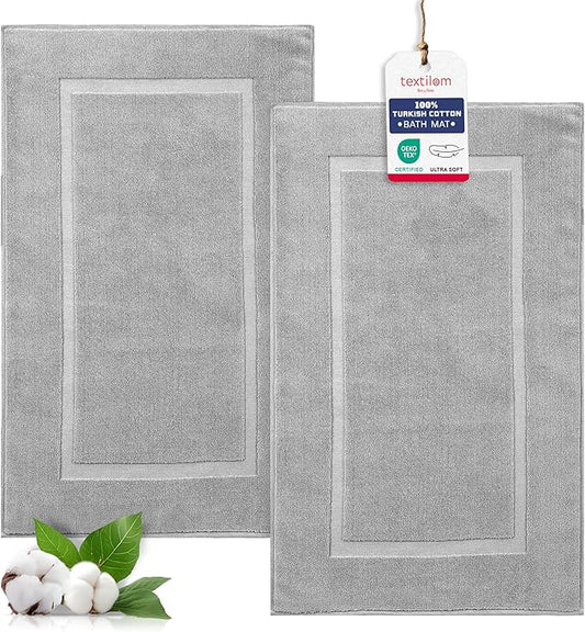 TEXTILOM Luxury 2 Pack Banded Cotton Bath Mats for Bathroom Floor [ Hotel, Spa, Tub, Shower Bath Mat Floor Towel Set ], Machine Washable & Soft & Absorbent & Quick Dry (20''x34'')- Grey