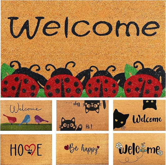 Ladybugs - 17"x29" - Coir Door Mat with Heavy Duty Backing - Welcome Mats for Entryway, Porch - Anti-Slip PVC & Coconut Fiber Surface - Natural Home Accessories, Minimalist Original Design