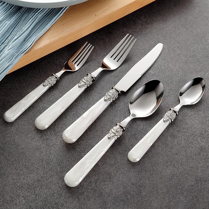 REVERIE Collection 18/10 Stainless Steel Vintage Flatware set,Sliverware set,Dishwasher safe (40, Pearl White)