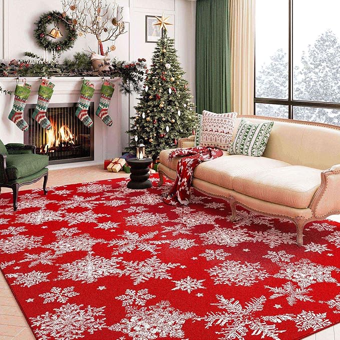 Red Area Rug 5x7 Christmas Living Room Carpet Snowflake Washable Kitchen Mat Xmas Holiday Decor Non Slip Entryway Carpet Indoor Accent Rug Decorative for Dining Room Bathroom