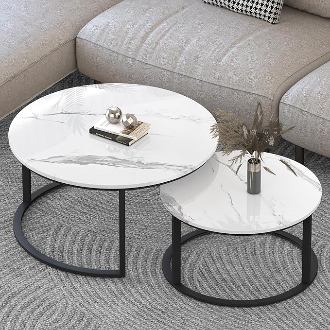 WiberWi Round Coffee Table Nesting Tables Set of 2, Large : Ø 33.5", Small : Ø 25.7", Modern Design Coffee Tables for Living Room, Metal Frame Circle Cocktail Table, High Glossy Faux White Marble