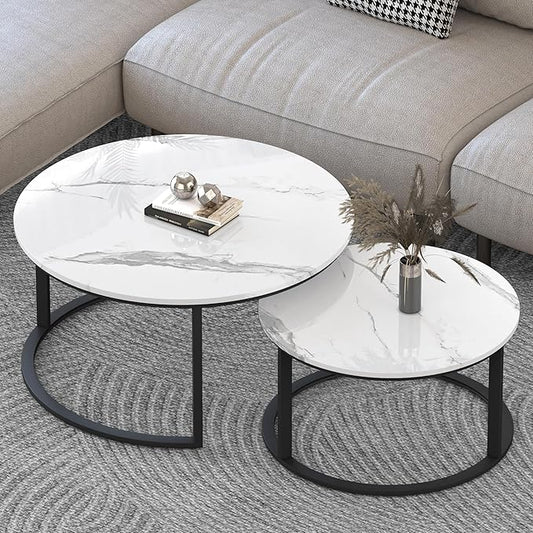 WiberWi Round Coffee Table Nesting Tables Set of 2, Large : Ø 33.5", Small : Ø 25.7", Modern Design Coffee Tables for Living Room, Metal Frame Circle Cocktail Table, High Glossy Faux White Marble