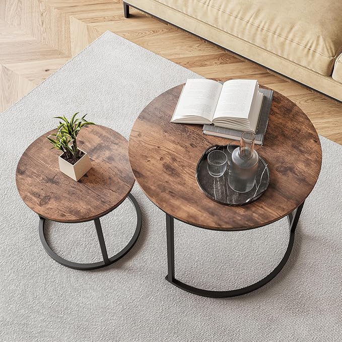 HOJINLINERO Round Coffee Table Set of 2 for Living Room,Black Small Coffee Table Living Room Table,Nesting Tables Metal Frame/Wood,Sturdy/Easy Assembly,Stacking Side Tables Bedroom,Rustic Brown