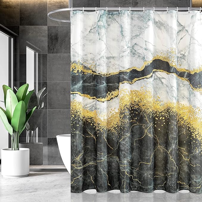 Marble Shower Curtain, Black and White Shower Curtain Set with 12 Hooks, Abstract Luxury Black Marble Shower Curtain with Gold Veins Texture for Bathroom, Waterproof Fabric, 72" W X 72" L
