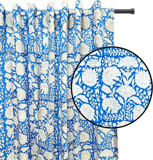 ATOSII 100% Cotton Single Panel Floral Block Print Curtain, Easy Hanging with Rod Pocket & Loop, Living Room, Dining Room, Bedroom Light Filtering Boho Curtains, Set of 1, 60" W X 96" L, Azora Blue