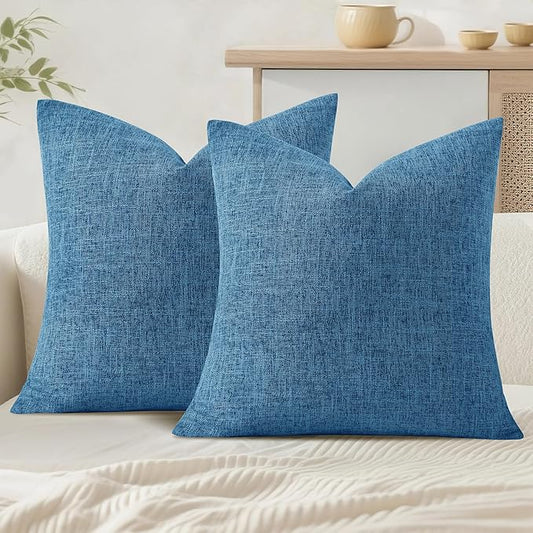 JIUZHEN 18x18 Inch Light Blue Faux Linen Pillow Covers Set of 2, Coastal Farmhouse Cushion Covers for Bedroom Sofa, Washed Texture Zipper Closure