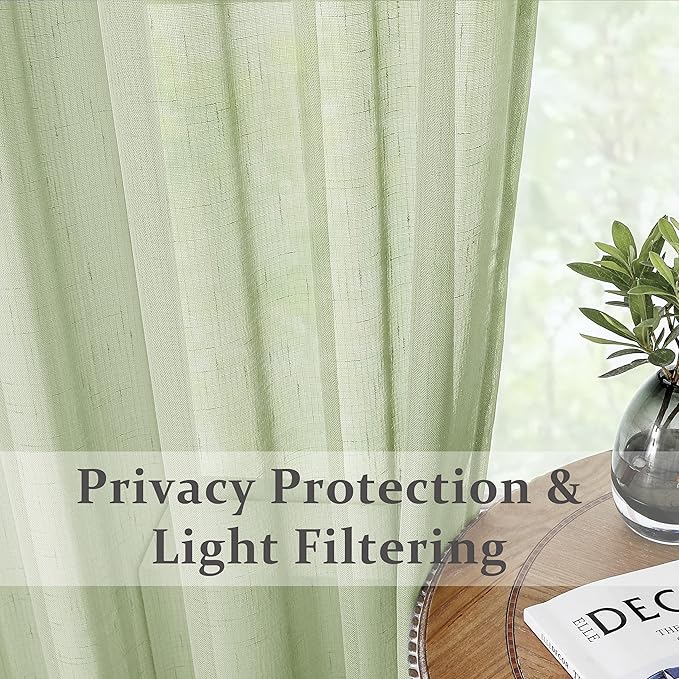 Green Linen Sheer Window Curtain Panel Pairs 108 Inches Extra Long for Living Room with Grommets/Eyelets Rustic Window Treament Drape Set Bedroom Farmhouse- 2 Panels, Sage/Green, 54x108 Inch