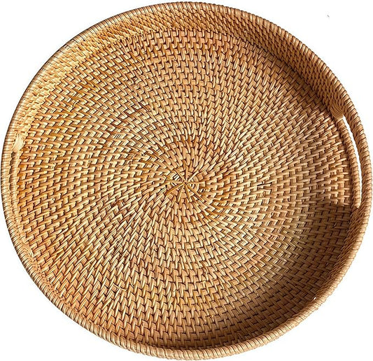 14.2" Round Rattan Tray, Hand Woven Serving Tray with Handles, Wicker Serving Basket, Decorative Tray for Home Decor, Natural