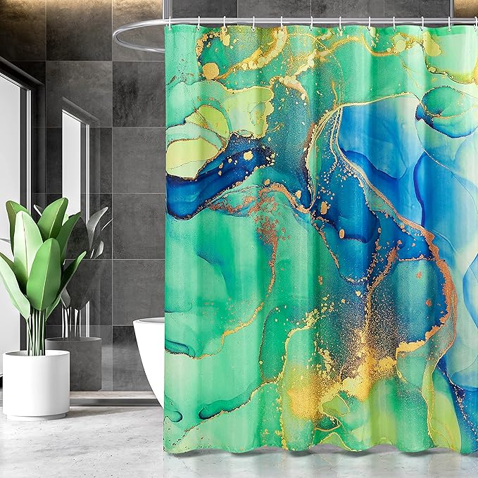 Marble Shower Curtain, Green Marble Shower Curtain Set with 12 Hooks, Colourful Abstract Gold Teal Marble Shower Curtains for Bathroom, Waterproof Fabric, 72" W X 72" L