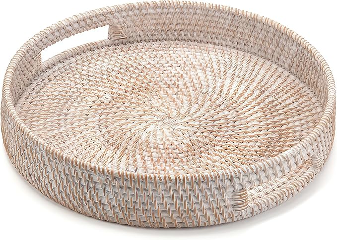 14.2" Round Rattan Tray, Hand Woven Serving Tray with Handles, Wicker Serving Basket, Decorative Tray for Home Decor, Whitewash