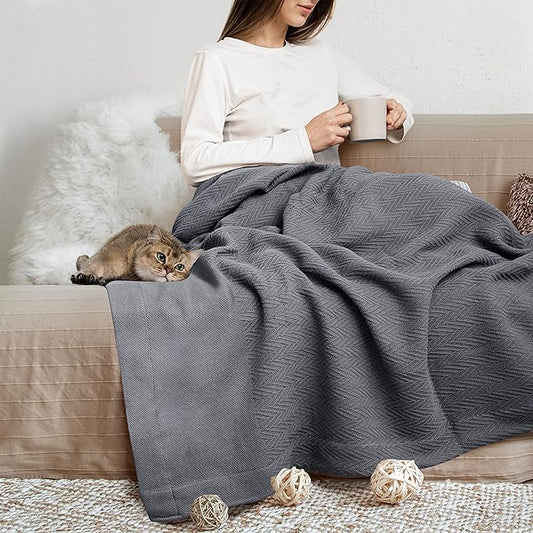 THREAD SPREAD Organic GOTS Certified Cotton Blanket, Twin/Twin XL - 350 GSM, Antistatic, Fuzzy Soft, Lightweight, Sofa, Camping & Travel, All-Season Herringbone Throw, Dark Gray with Free Tote Bag