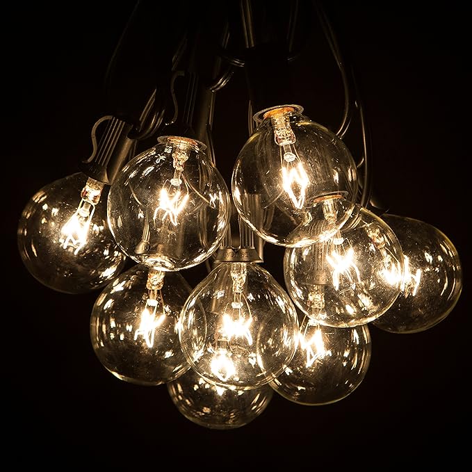 Hometown Evolution, Inc. 50 Foot Outdoor String Lights - Black Wire - 50 G50 Clear 2 Inch Globe Bulbs (+ 2 Free Spares) for Cafe Bistro Market Deck Porch and Party Lighting