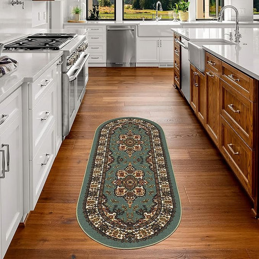 Antep Rugs Alfombras Oriental Traditional 2x5 Non-Skid (Non-Slip) Low Profile Pile Rubber Backing Kitchen Area Rugs (Green, 2' x 5' Oval)