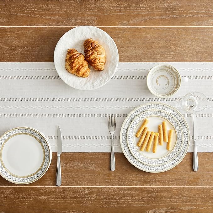 Christmas Table Runner, White 13x108 Inch, Hemstitched Farmhouse Cotton Linen Boho Table Runners 108 Inches Long, Embroidered Striped Rustic Home Decor