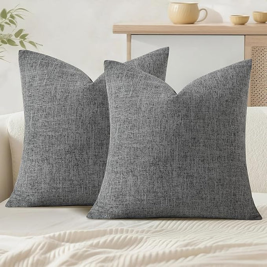 JIUZHEN 18x18 Inch Grey Faux Linen Pillow Covers Set of 2, Modern Farmhouse Neutral Decorative Pillowcase, Washed Texture Zipper Closure