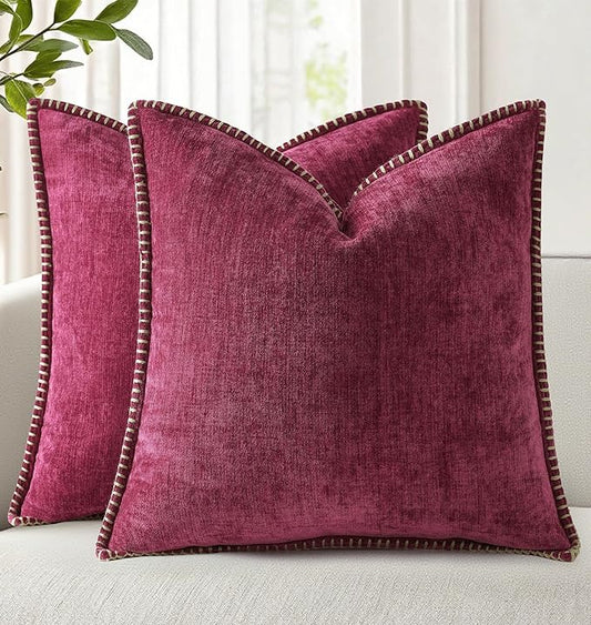 decorUhome Christmas Chenille Soft Throw Pillow Covers 18x18 Set of 2, Farmhouse Velvet Neutral Decorative Euro Pillow Covers with Stitched Edge for Couch Sofa Bed Home Decor, Rhododendron