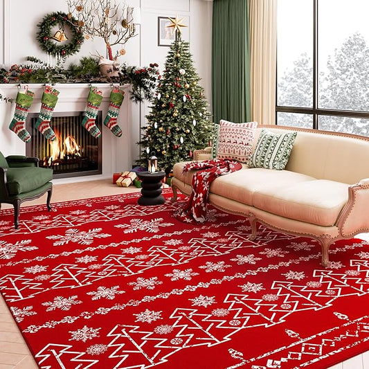 Christmas Area Rug 8x10 Red Washable Living Room Carpet Xmas Snowflake Holiday Decor Indoor Bedroom Throw Rug Decorative Non Slip Soft Low Pile Large Carpet Dining Room Office Nursery
