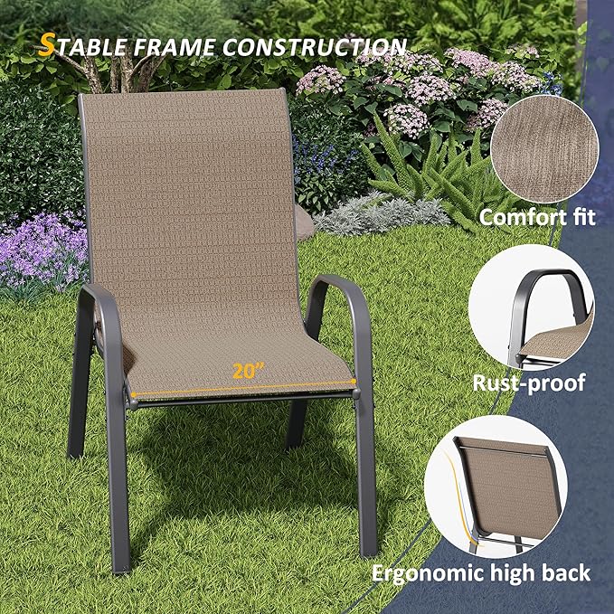 Amopatio 7 Pieces Patio Dining Set, Outdoor Table and Chairs, Square Metal Table with Umbrella Hole, 6 Stackable Chairs, Patio Furniture Sets for Deck, Backyard, Garden and Poolside, Brown