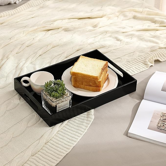 Glossy Black Sturdy Acrylic Serving Tray with Handles-12x20Inch-Serving Coffee,Appetizer,Breakfast,Butler-Kitchen Countertop Tray-Makeup Drawer Organizer-Vanity Table,Ottoman Tray-Decorative