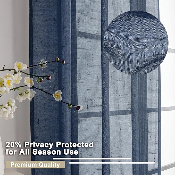 Aiyueng Kirei 2 PCS Faux Linen Navy Blue Kitchen Sheer Curtains 36 inch Length, Soft Lightweight Textured Short Cafe Curtains for Farmhouse Bathroom Bedroom Small Windows, Each 30Wx36L inch, Navy