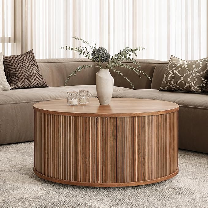 WERMO 35'' Round Coffee Table with Storage and Shelves - Round Center Table for Living Room and Office. Wood Mid Century Modern Coffee Tables for Living Room (Walnut)