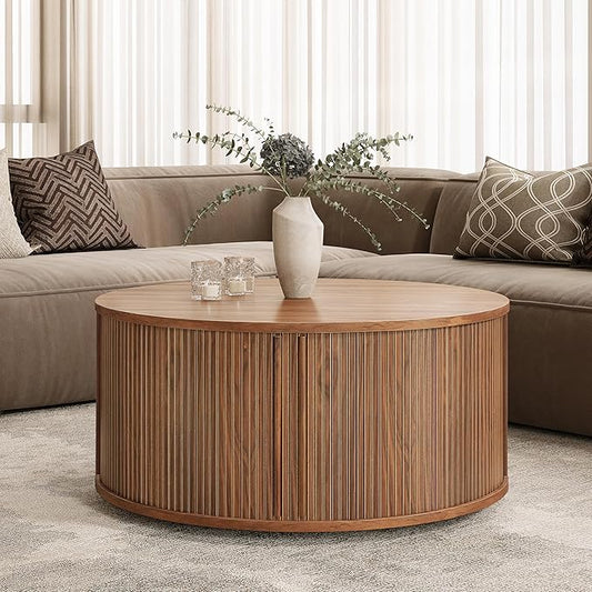 WERMO 35'' Round Coffee Table with Storage and Shelves - Round Center Table for Living Room and Office. Wood Mid Century Modern Coffee Tables for Living Room (Walnut)