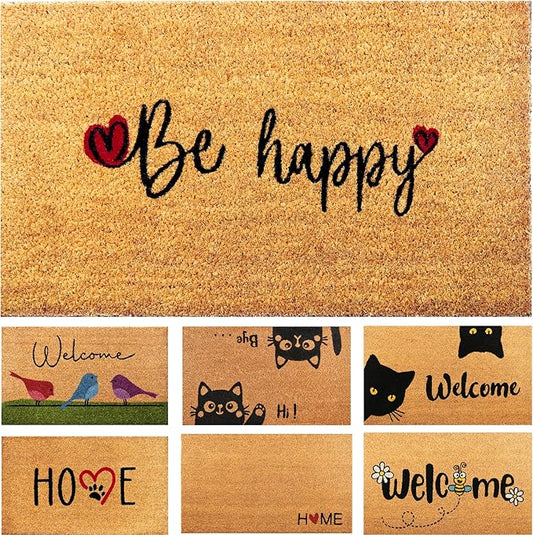Be Happy - 17"x29" - Coir Door Mat with Heavy Duty Backing - Welcome Mats for Entryway, Porch - Anti-Slip PVC & Coconut Fiber Surface - Natural Home Accessories, Minimalist Original Design