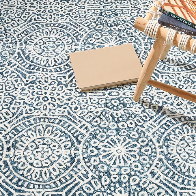 Dash & Albert Temple Ink Machine Washable Rug, 8.5 X 11.5 Feet, Blue Geometric Pattern