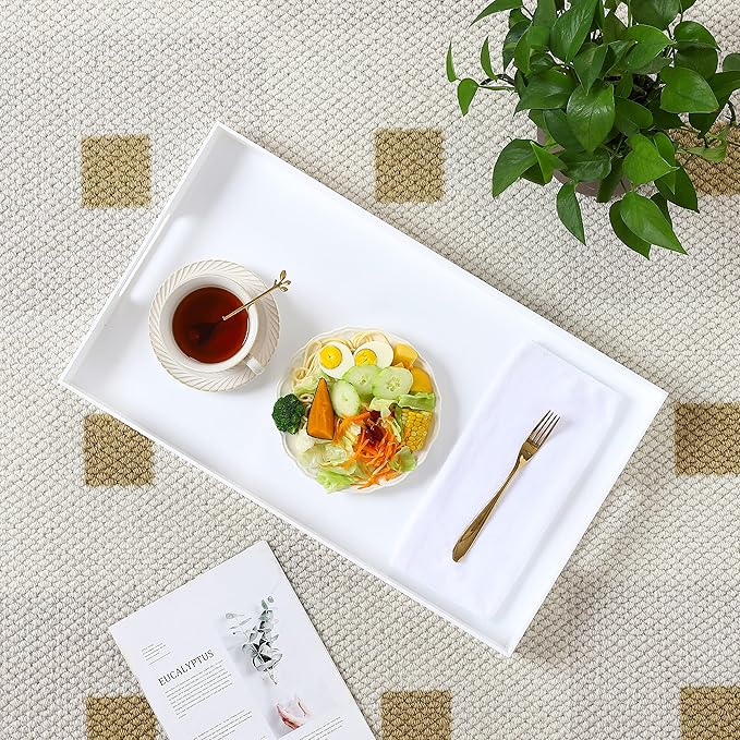 Glossy White Acrylic Serving Tray with Handles-Lucite Tray for Ottoman,Coffee Table, Breakfast, Tea, Food, Butler - Decorative Tray (10x15x2H Inch with, White)