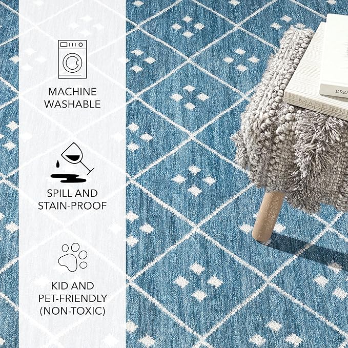 Dash and Albert Kota Machine Washable Area Rug - 4' x 6' Indigo - Diamond Accent Rug - Anti-Slip Backing, Lightweight, Machine Washable, High Traffic Areas Kitchen, Mudroom, Laundry Room