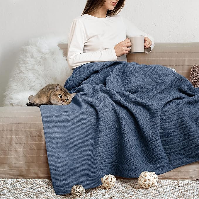 THREAD SPREAD Organic GOTS Certified Cotton Blanket, Twin/Twin XL - 350 GSM, Antistatic, Fuzzy Soft, Lightweight, Sofa, Camping & Travel, All-Season Herringbone Throw, Medium Blue + Bonus Tote Bag
