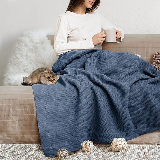 THREAD SPREAD Organic GOTS Certified Cotton Blanket, Twin/Twin XL - 350 GSM, Antistatic, Fuzzy Soft, Lightweight, Sofa, Camping & Travel, All-Season Herringbone Throw, Medium Blue + Bonus Tote Bag