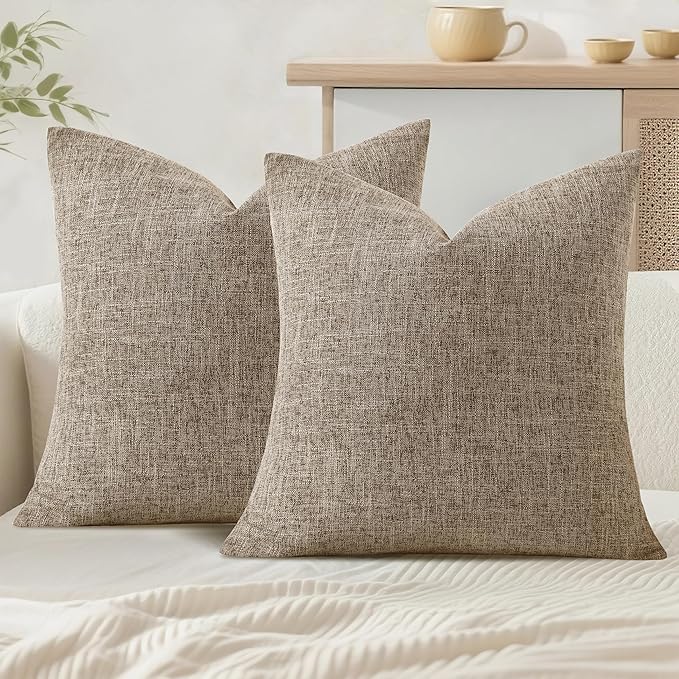 JIUZHEN 18x18 Inch Khaki Faux Linen Pillow Covers Set of 2, Earth Tone Neutral Cushion Covers for Living Room Bed, Washed Texture Zipper Closure