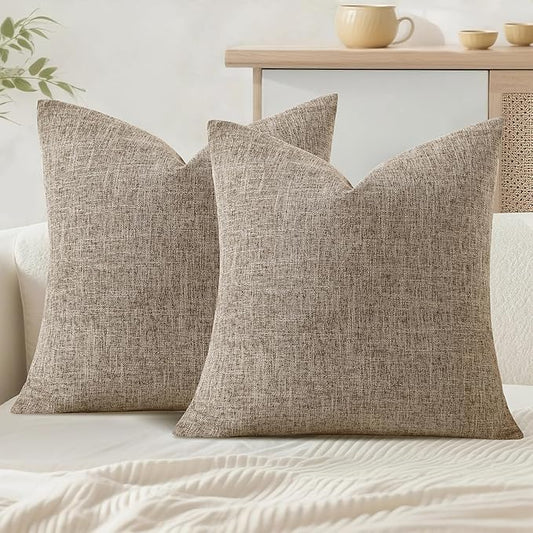 JIUZHEN 20x20 Inch Khaki Faux Linen Pillow Covers Set of 2, Earth Tone Neutral Cushion Covers for Living Room Bed, Washed Texture Zipper Closure