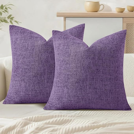 JIUZHEN 18x18 Inch Lavender Faux Linen Pillow Covers Set of 2, Boho Chic Decorative Cushion Covers for Sofa Nursery, Zippered Washable Pillow Case
