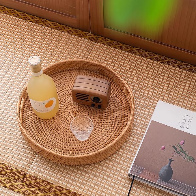 11.8" Round Rattan Tray, Hand Woven Serving Tray with Handles, Wicker Serving Basket, Decorative Tray for Home Decor, Natural
