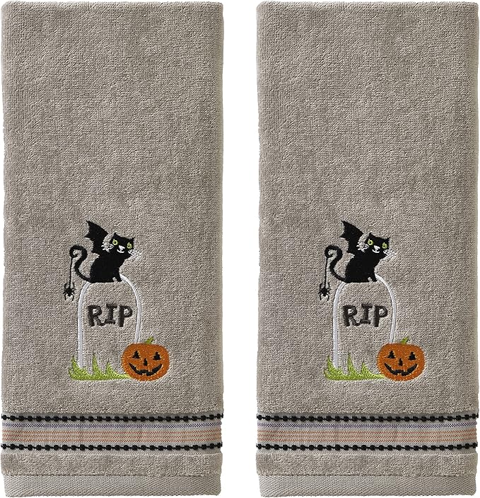 SKL Home Halloween Graveyard Cat Hand Towel 2pc Set for Bath/Kitchen/Bar & Gift, Gray