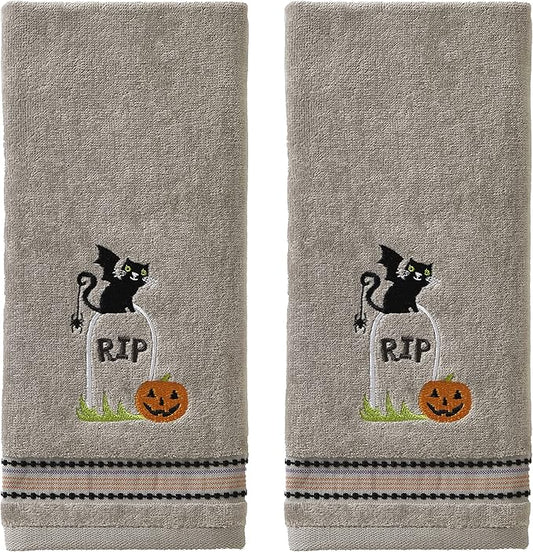 SKL Home Halloween Graveyard Cat Hand Towel 2pc Set for Bath/Kitchen/Bar & Gift, Gray