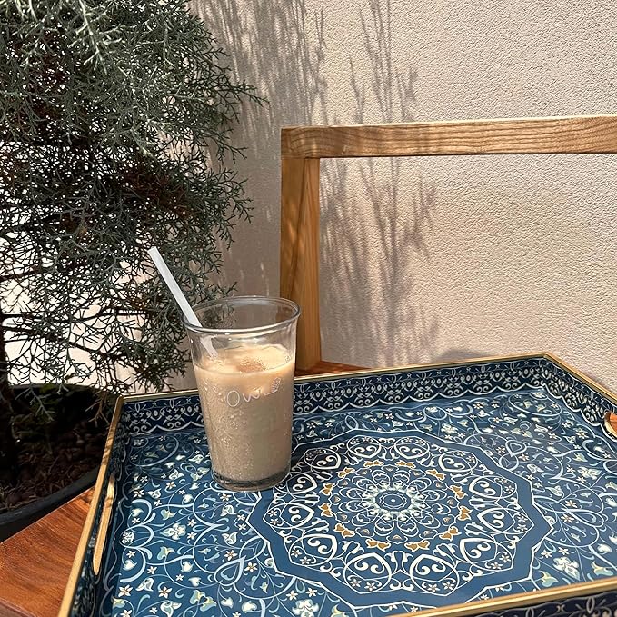 Boho Sturdy Acrylic Rectangular Serving Tray with Handles, Coffee Table, Food & Breakfast-Kitchen Countertop & Living Room Ottoman Tray, 15.7" x 11.8"